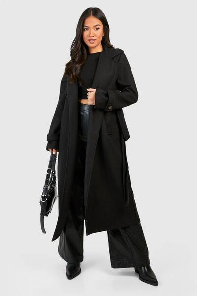  Boohoo Petite Belted Wool Look Trench, Black 