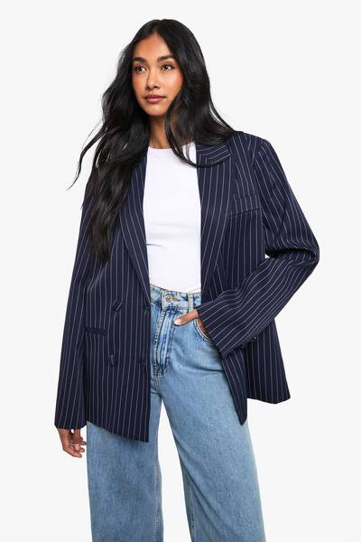  Boohoo Pinstripe Double Breasted Oversized Tailored Blazer, Navy 