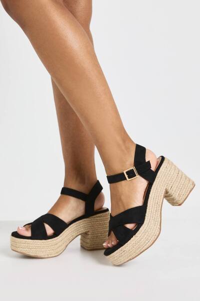  Boohoo Platform Espadrille Cross Over Wedge, Black 