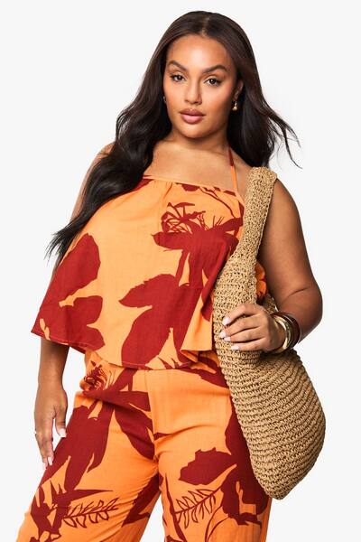  Boohoo Plus Abstract Floral Longline Cami Top, Orange 