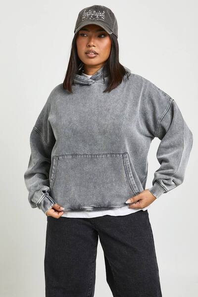  Boohoo Plus Acid Washed Oversized Hoodie, Charcoal 