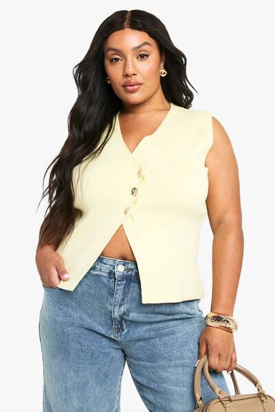  Boohoo Plus Assymettric Gold Button Waistcoat, Lemon 