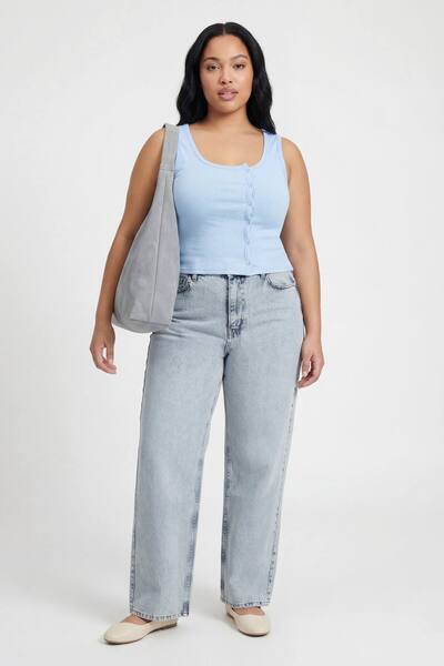  Boohoo Plus Asymmetric Button Detail Rib Vest Top, Light Blue 