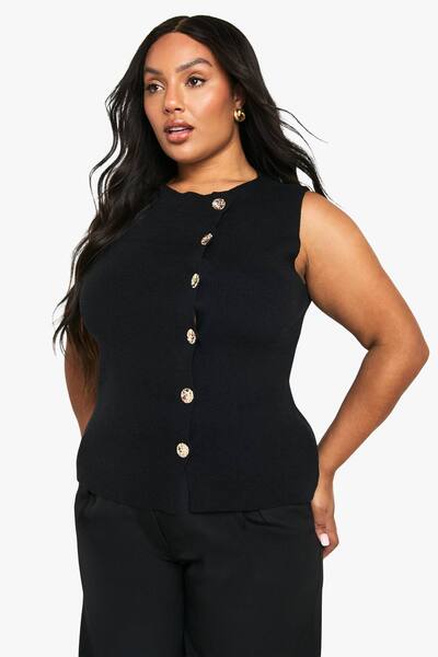  Boohoo Plus Asymmetric Gold Button Waistcoat, Black 