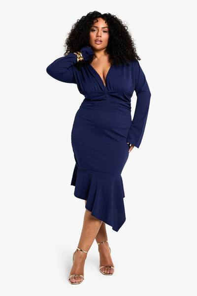  Boohoo Plus Asymmetric Plunge Midi Dress, Navy 