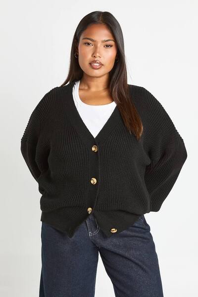  Boohoo Plus Balloon Sleeve Button Through Rib Cardigan Sweater, Black 