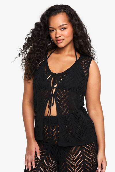  Boohoo Plus Beach Knit Tie Front Top, Black 