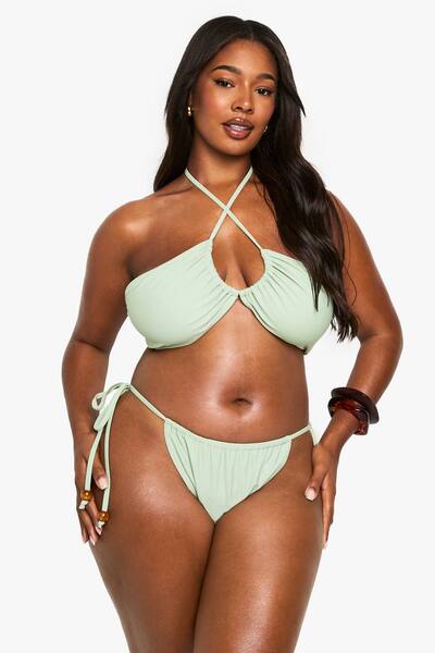  Boohoo Plus Beaded Bandeau Bikini, Khaki 