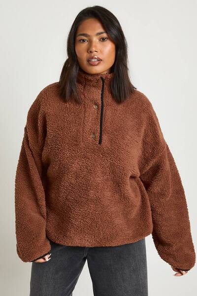  Boohoo Plus Borg Button Down Sweatshirt, Stone 