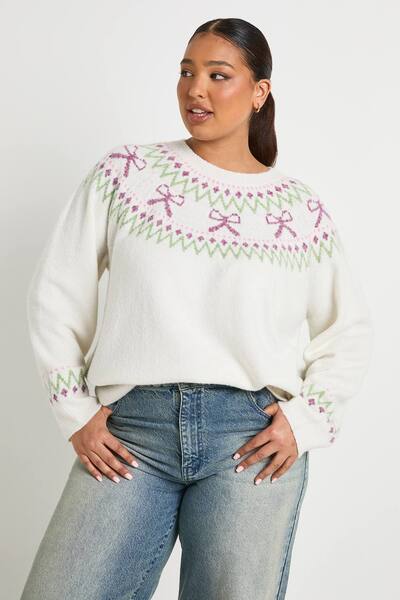  Boohoo Plus Bow Fairisle Jumper, Ivory 