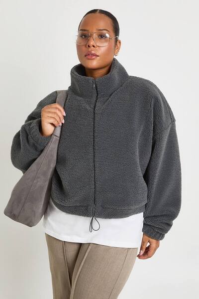  Boohoo Plus Boxy Teddy Bomber Jacket, Charcoal 