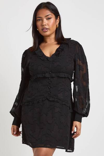  Boohoo Plus Burnout Chiffon Ruffle Smock Dress, Black 