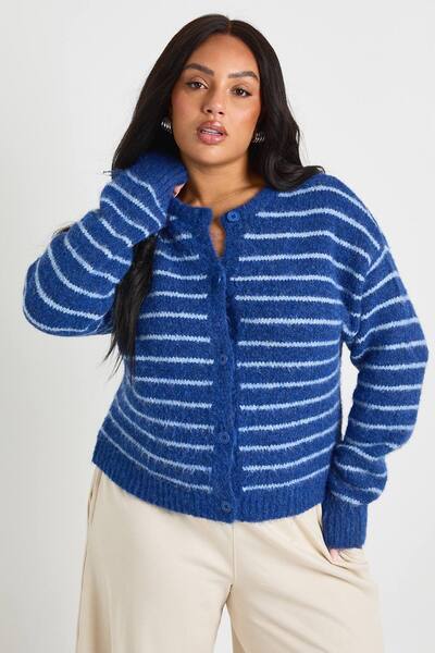  Boohoo Plus Button Down Stripe Cardigan Sweater, Navy 