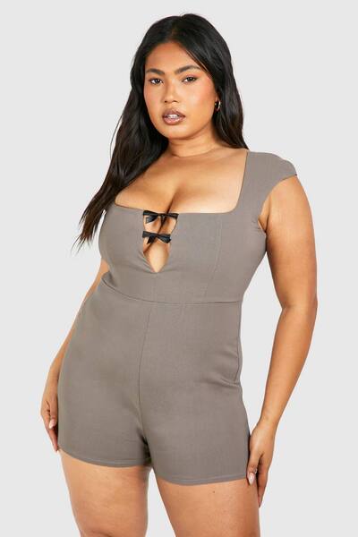  Boohoo Plus Cap Sleeve Mini Bow Playsuit, Taupe 