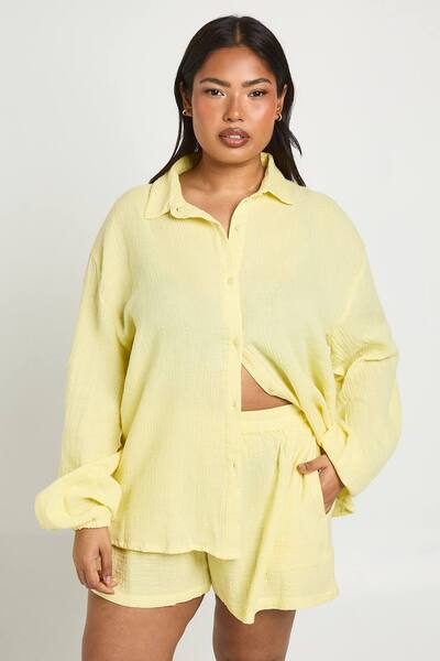  Boohoo Plus Cheesecloth Beach Short, Lemon 