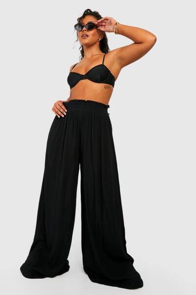  Boohoo Plus Cheesecloth Beach Trousers, Black 
