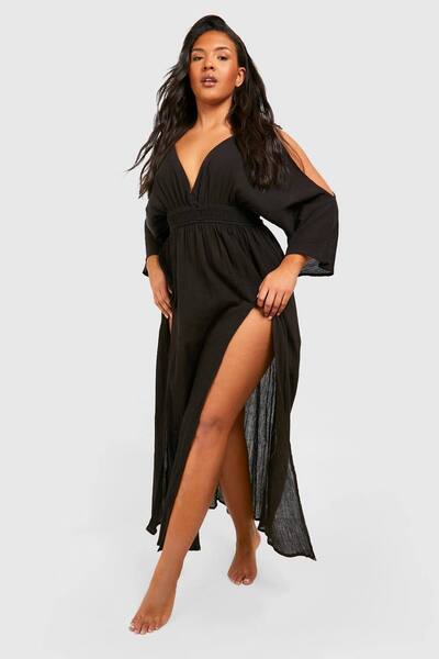  Boohoo Plus Cheesecloth Cold Shoulder Maxi Beach Dress, Black 