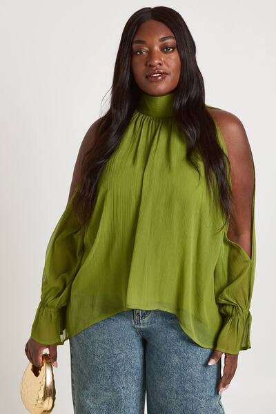  Boohoo Plus Chiffon Halterneck Long Sleeve Draped Blouse, Olive 