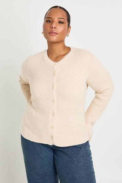  Boohoo Plus Cinched Button Down Soft Cardigan Sweater, Stone 