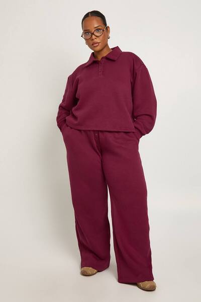  Boohoo Plus Collared Button Down Sweatshirt & Wide Leg Co Ord, Burgundy 