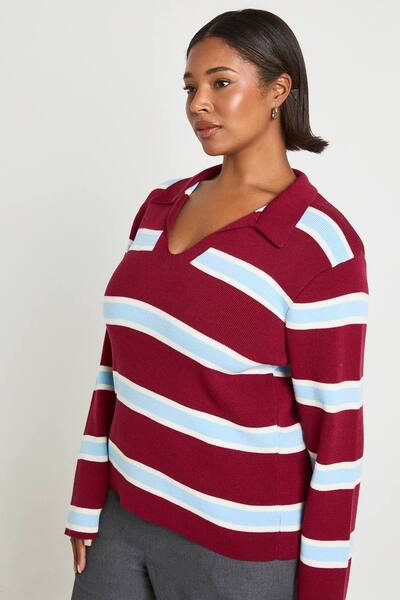  Boohoo Plus Collared Compact Knit Rugby Jumper, Burgundy 