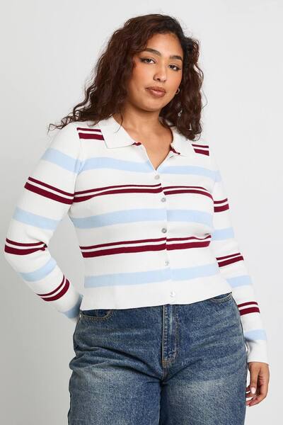  Boohoo Plus Collared Stripe Crew Neck Cardigan Sweater, Blue 