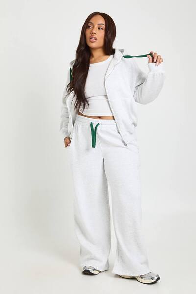  Boohoo Plus Contrast Drawcord Wide Leg Jogger, Grey Marl 