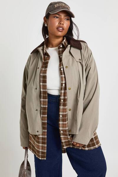 Boohoo Plus Cord Collar Barn Jacket, Khaki 