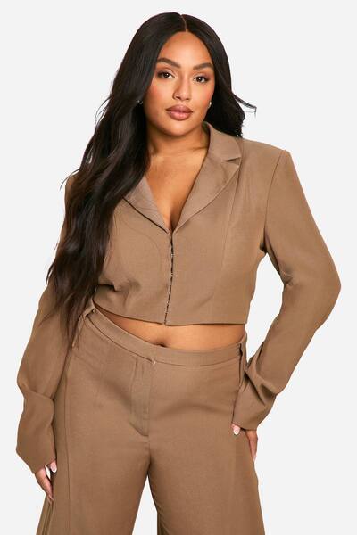  Boohoo Plus Corset Detail Tailored Blazer, Taupe 