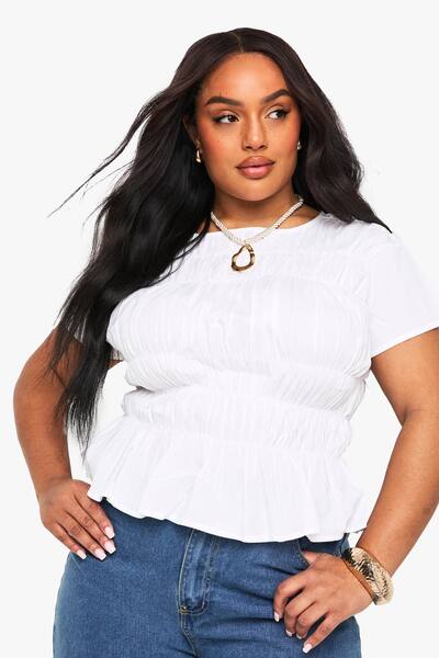  Boohoo Plus Cotton Shirred Puff Sleeve Blouse, White 