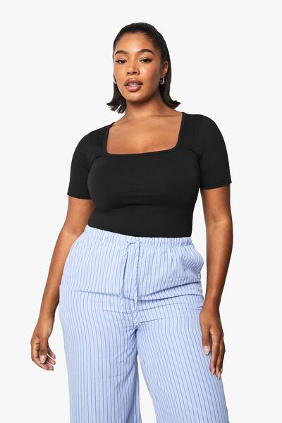  Boohoo Plus Cotton Square Neck Bodysuit, Black 