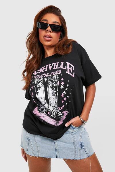  Boohoo Plus Cowboy Stars Oversized T-shirt, Black 