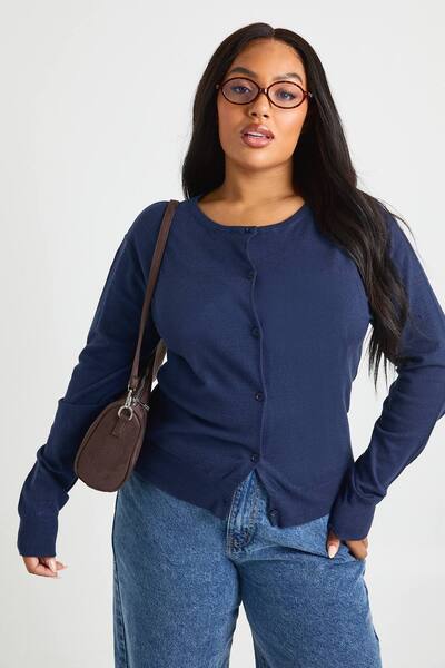  Boohoo Plus Crew Neck Button Through Cardigan Sweater, Navy 