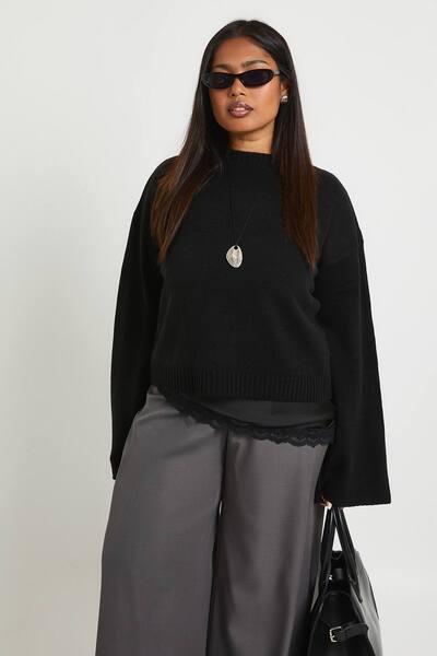  Boohoo Plus Crew Neck Knit Jumper, Black 