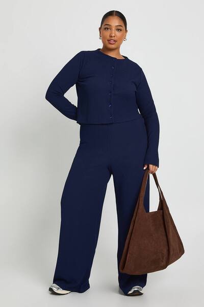  Boohoo Plus Crinkle Cardigan Sweater & Wide Leg Trouser Co-ord, Navy 