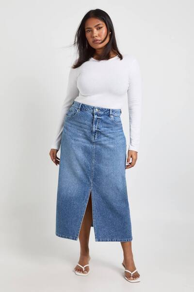  Boohoo Plus Denim Midaxi Skirt, Mid Wash 