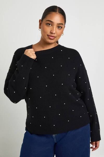  Boohoo Plus Diamante Crew Neck Jumper, Black 