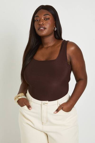 Boohoo Plus Double Layer Slinky Square Neck Bodysuit, Chocolate 