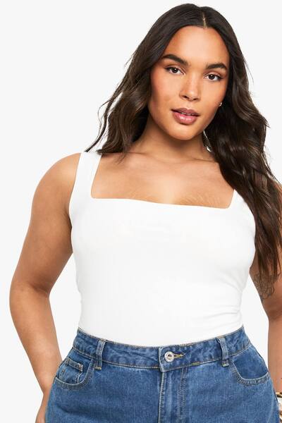  Boohoo Plus Double Layer Slinky Square Neck Vest, White 