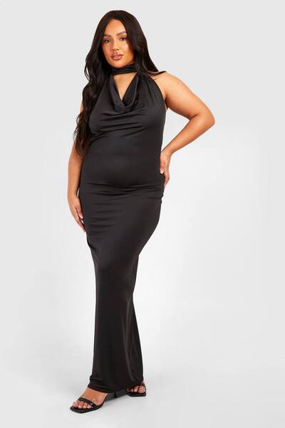  Boohoo Plus Drape Halterneck Slinky Maxi Dress, Black 