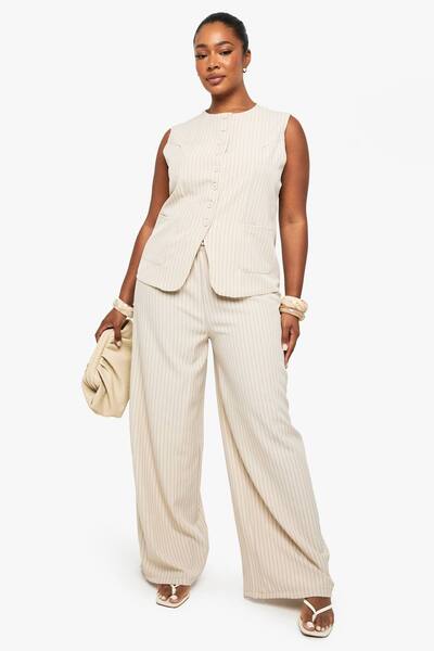  Boohoo Plus Drawstring Pinstripe Wide Leg Trouser, Beige 
