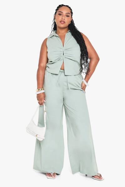  Boohoo Plus Drawstring Waist Poplin Wide Leg Trouser, Sage 