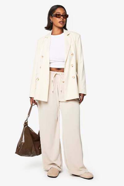  Boohoo Plus Drawstring Wide Leg Trouser, Stone 