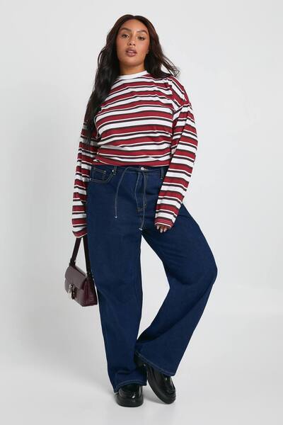  Boohoo Plus Elasticated Back Tie Drawstring Straight Leg Jean, Indigo 