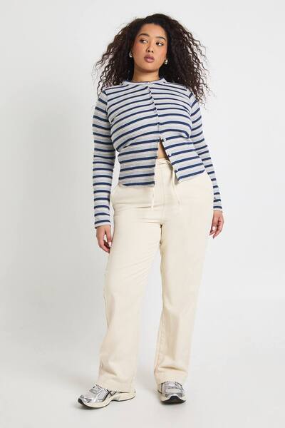  Boohoo Plus Elasticated Drawstring Waist Wide Leg Jeans, Ecru 
