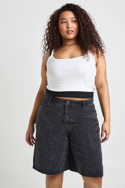  Boohoo Plus Embellished Denim Jorts, Washed Black 
