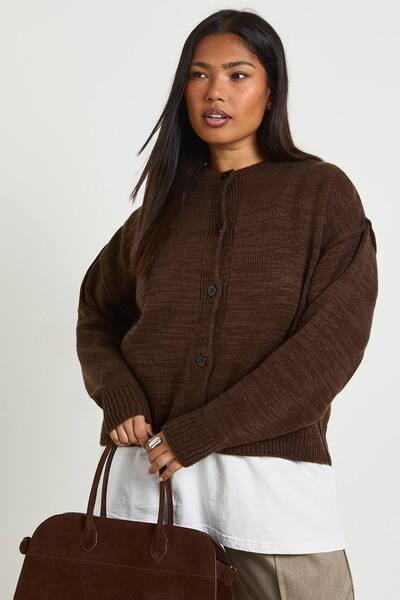  Boohoo Plus Exposed Seam Knitted Cardigan Sweater, Chocolate 