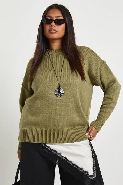  Boohoo Plus Exposed Seam Knitted Jumper, Olive 