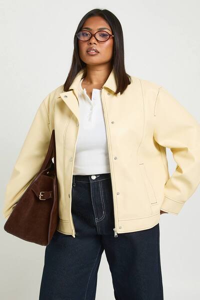  Boohoo Plus Faux Leather Contrast Stitch Jacket, Cream 