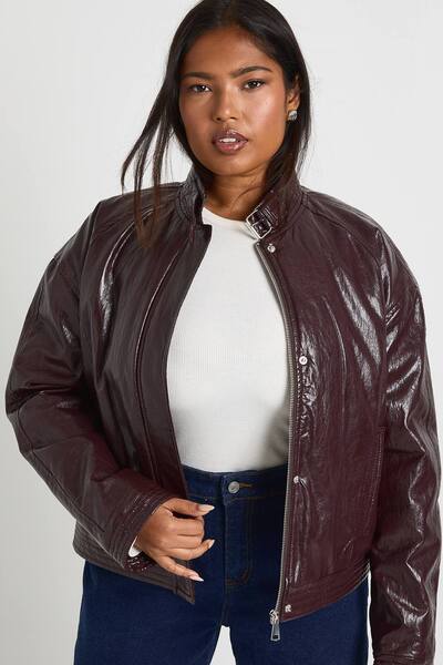  Boohoo Plus Faux Leather Oversized Jacket, Burgundy 